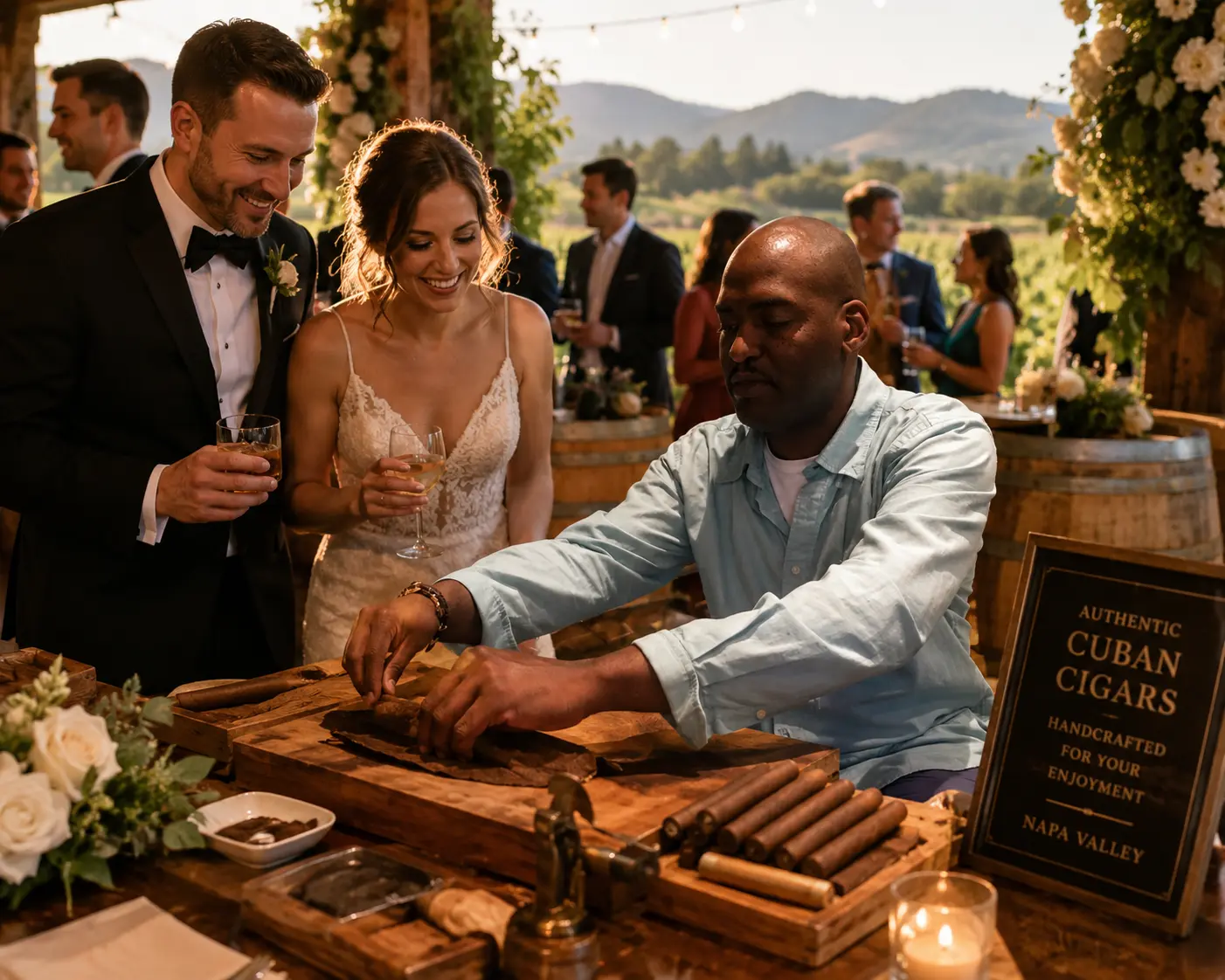 Wedding cigar roller Antonio Cortada providing live Cuban cigar rolling entertainment at a luxury wedding in Napa Valley.